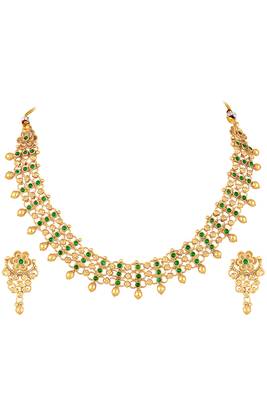 Gold plated faux emerald studded traditional ethnic necklace earrings set jewellery for women 1