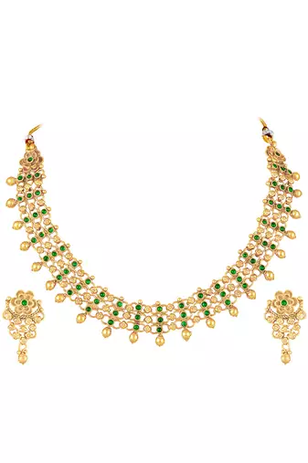 Gold plated faux emerald studded traditional ethnic necklace earrings set jewellery for women