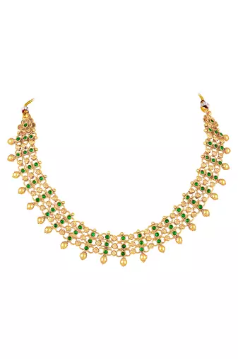 Gold plated faux emerald studded traditional ethnic necklace earrings set jewellery for women