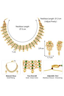 Gold plated faux emerald studded traditional ethnic necklace earrings set jewellery for women 3