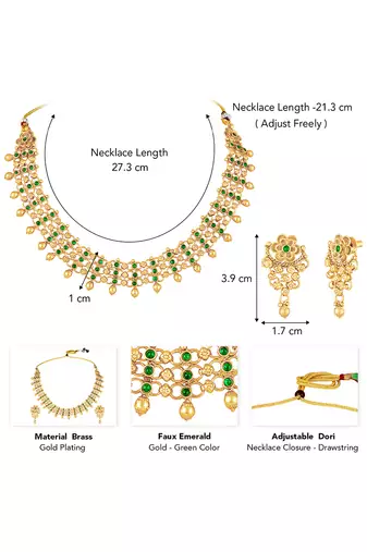 Gold plated faux emerald studded traditional ethnic necklace earrings set jewellery for women