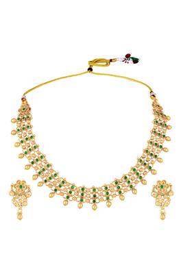 Gold plated faux emerald studded traditional ethnic necklace earrings set jewellery for women 4