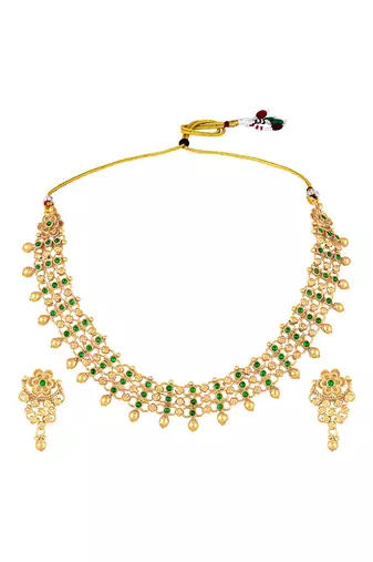 Gold plated faux emerald studded traditional ethnic necklace earrings set jewellery for women