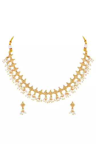 Gold plated beads studded traditional ethnic necklace earrings set jewellery for women