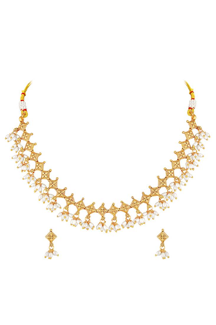 Gold plated beads studded traditional ethnic necklace earrings set jewellery for women