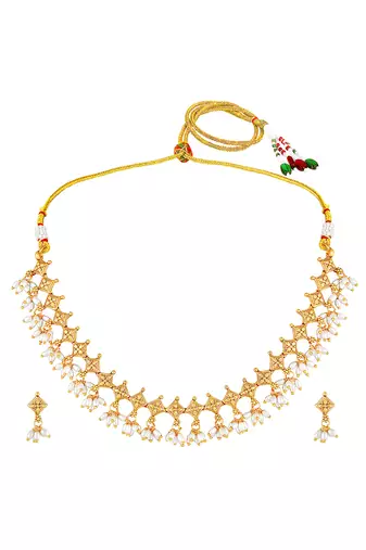 Gold plated beads studded traditional ethnic necklace earrings set jewellery for women
