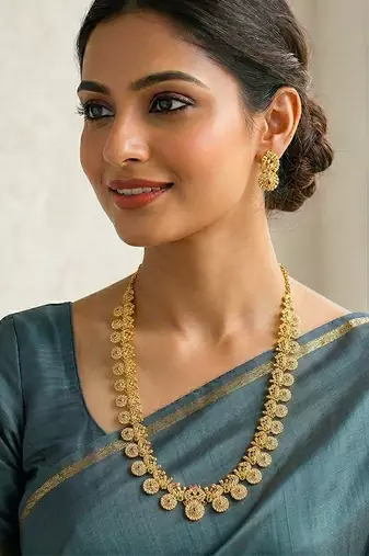 Long necklace earrings for women & girls | gold plated | cz studded | festive temple jewellery