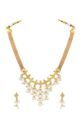 Gold plated beads studded traditional ethnic necklace earrings set fancy jewellery for women