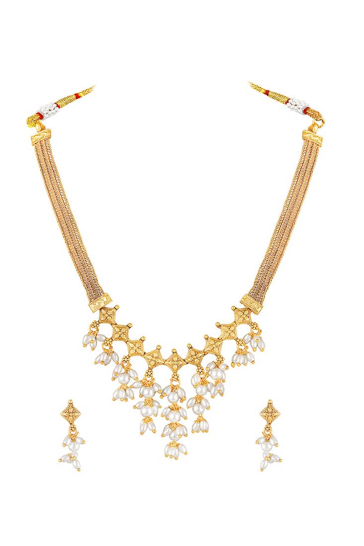 Gold plated beads studded traditional ethnic necklace earrings set fancy jewellery for women