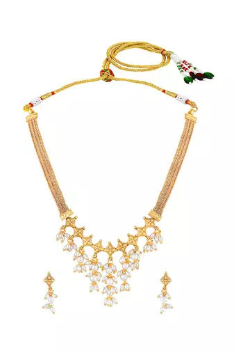 Gold plated beads studded traditional ethnic necklace earrings set fancy jewellery for women