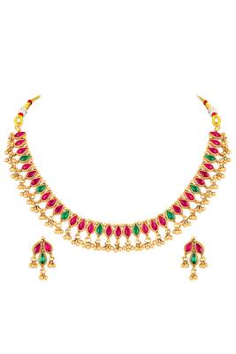 Gold plated faux ruby faux emerald studded necklace earrings set jewellery for women 1