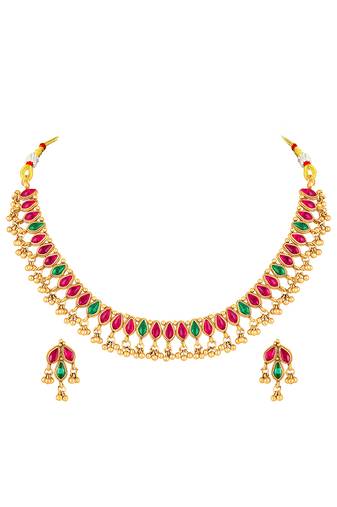 Gold plated faux ruby faux emerald studded necklace earrings set jewellery for women