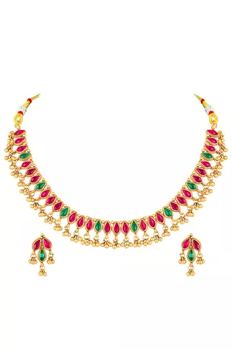 Gold plated faux ruby faux emerald studded necklace earrings set jewellery for women