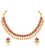 Gold plated faux ruby faux emerald studded necklace earrings set jewellery for women