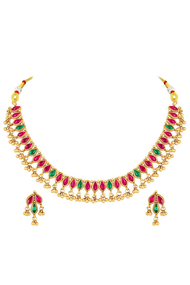 Gold plated faux ruby faux emerald studded necklace earrings set jewellery for women