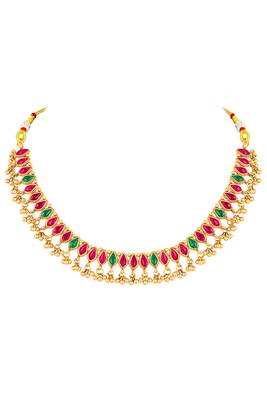 Gold plated faux ruby faux emerald studded necklace earrings set jewellery for women 2