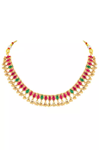 Gold plated faux ruby faux emerald studded necklace earrings set jewellery for women