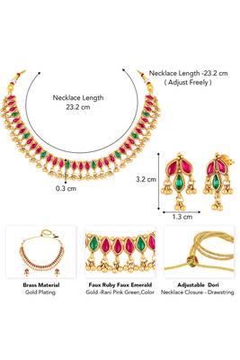 Gold plated faux ruby faux emerald studded necklace earrings set jewellery for women 3