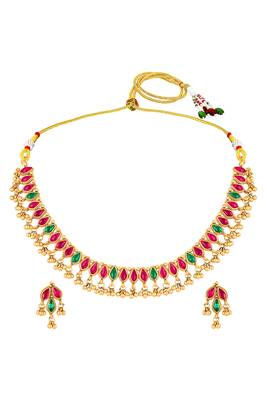 Gold plated faux ruby faux emerald studded necklace earrings set jewellery for women 4