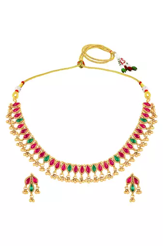 Gold plated faux ruby faux emerald studded necklace earrings set jewellery for women