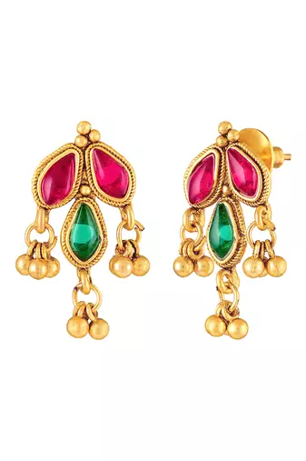 Gold plated faux ruby faux emerald studded necklace earrings set jewellery for women