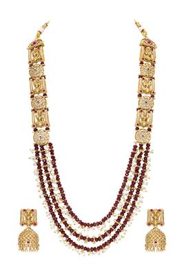 Gold plated faux ruby cz & beads studded long necklace earrings set jewellery for women 1