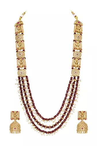 Gold plated faux ruby cz & beads studded long necklace earrings set jewellery for women