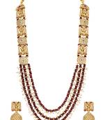 Gold plated faux ruby cz & beads studded long necklace earrings set jewellery for women