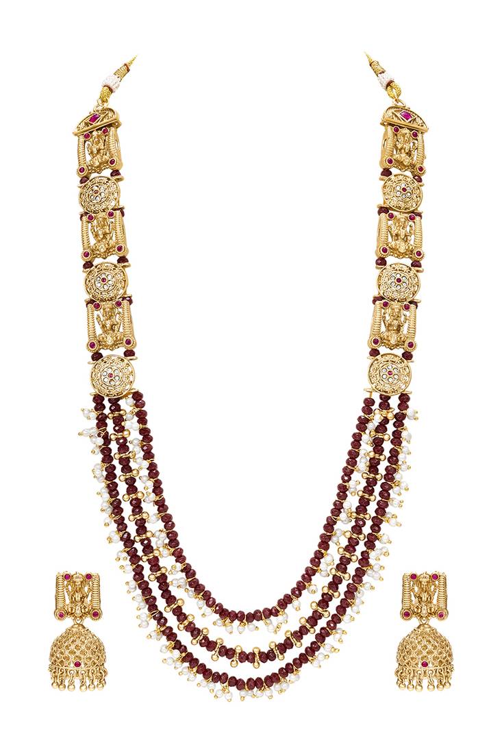 Gold plated faux ruby cz & beads studded long necklace earrings set jewellery for women