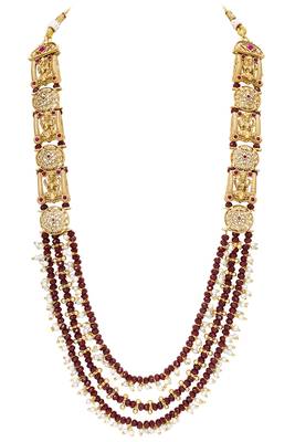 Gold plated faux ruby cz & beads studded long necklace earrings set jewellery for women 2