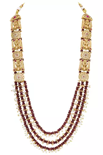 Gold plated faux ruby cz & beads studded long necklace earrings set jewellery for women