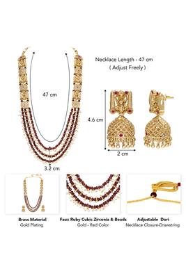 Gold plated faux ruby cz & beads studded long necklace earrings set jewellery for women 3