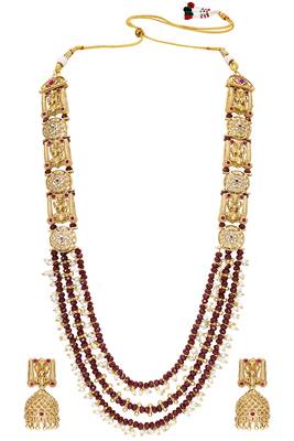 Gold plated faux ruby cz & beads studded long necklace earrings set jewellery for women 4