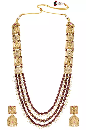 Gold plated faux ruby cz & beads studded long necklace earrings set jewellery for women