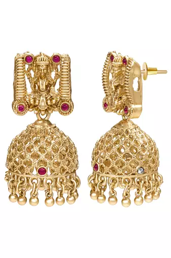 Gold plated faux ruby cz & beads studded long necklace earrings set jewellery for women