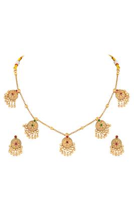 Gold plated faux ruby faux emerald studded necklace earrings set jewellery gift for women 1