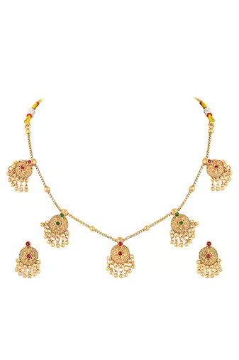 Gold plated faux ruby faux emerald studded necklace earrings set jewellery gift for women