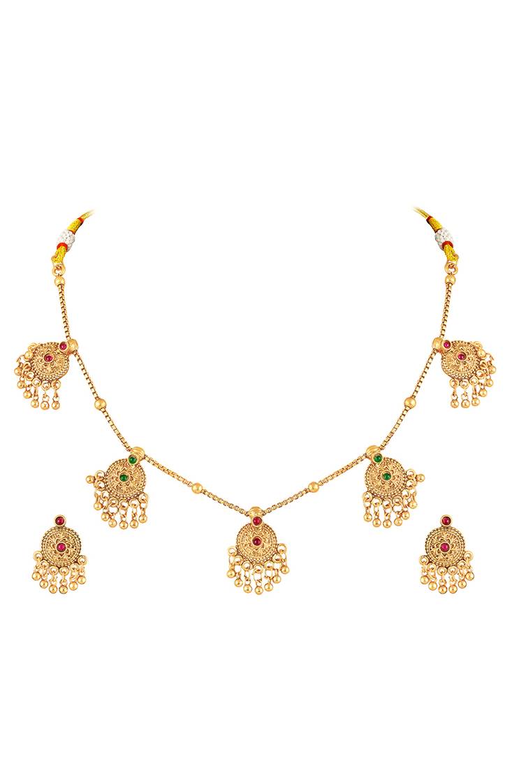 Gold plated faux ruby faux emerald studded necklace earrings set jewellery gift for women