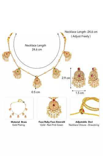 Gold plated faux ruby faux emerald studded necklace earrings set jewellery gift for women