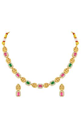 Gold plated faux ruby faux emerald & cz studded necklace earrings set jewellery for women 1
