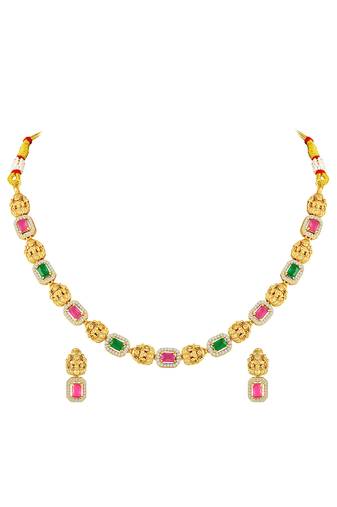 Gold plated faux ruby faux emerald & cz studded necklace earrings set jewellery for women