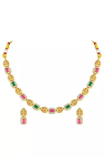 Gold plated faux ruby faux emerald & cz studded necklace earrings set jewellery for women