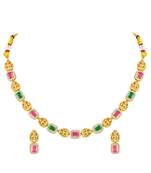 Gold plated faux ruby faux emerald & cz studded necklace earrings set jewellery for women