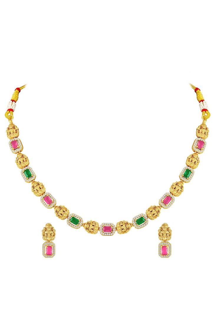 Gold plated faux ruby faux emerald & cz studded necklace earrings set jewellery for women