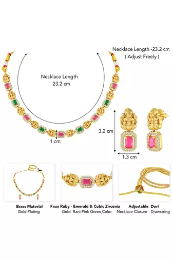 Gold plated faux ruby faux emerald & cz studded necklace earrings set jewellery for women
