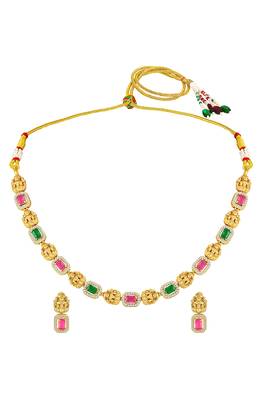 Gold plated faux ruby faux emerald & cz studded necklace earrings set jewellery for women 4