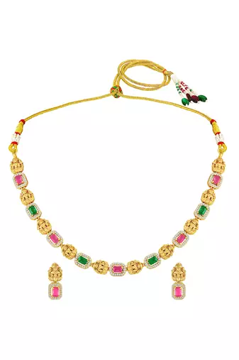 Gold plated faux ruby faux emerald & cz studded necklace earrings set jewellery for women
