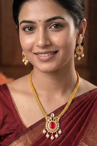 Pendant style necklace earrings set for women | gold plated | south indian temple jewellery