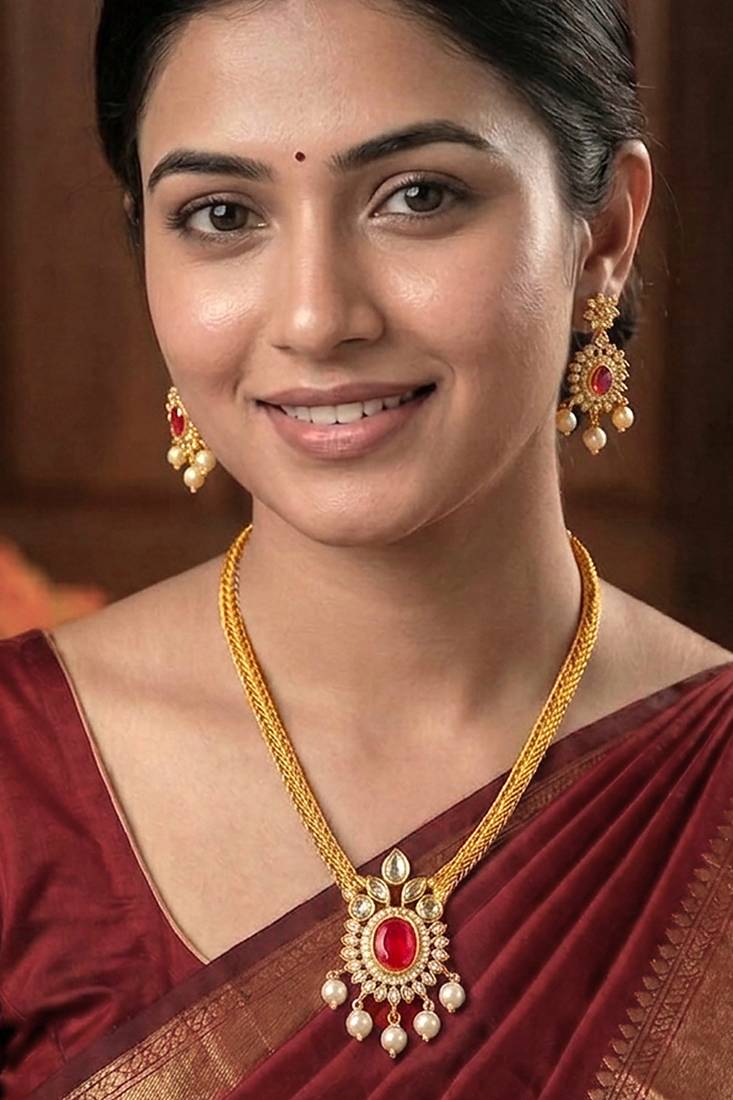 Pendant style necklace earrings set for women | gold plated | south indian temple jewellery