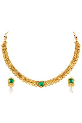 Gold plated faux emerald & pearl studded traditional necklace earrings set jewellery for women 1